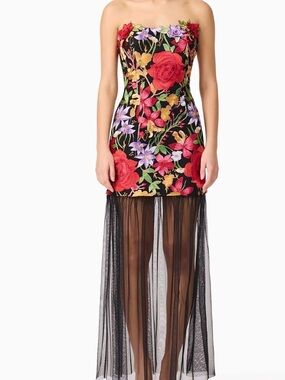 Elliatt Talia Floral Embroidered Strapless Black Maxi Dress with Sheer Skirt
